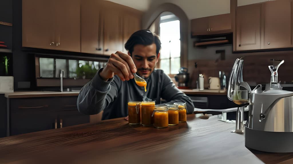 A man sits at a wooden kitchen table, spooning bright orange jam into glass jars. The kitchen has brown cabinets, modern appliances, and a large window letting in natural light. Four jars of jam are lined up on the table near a kettle and wine glass.