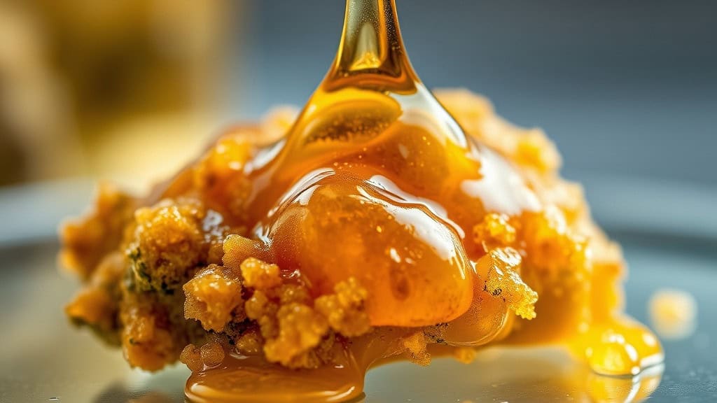 A close-up of a spoon drizzling golden honey onto a crumbly, textured mound of honeycomb. The honey glistens in the light, pooling and flowing over the honeycomb's surface, creating a rich, glossy appearance. The background is softly blurred.
