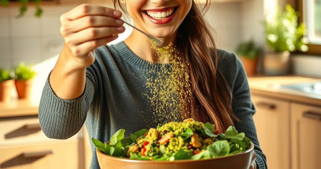 A smiling woman in a kitchen sprinkles a yellow seasoning over a fresh green salad in a large bowl. Sunlight streams through a window, highlighting her cheerful expression and the vibrant ingredients in the salad.