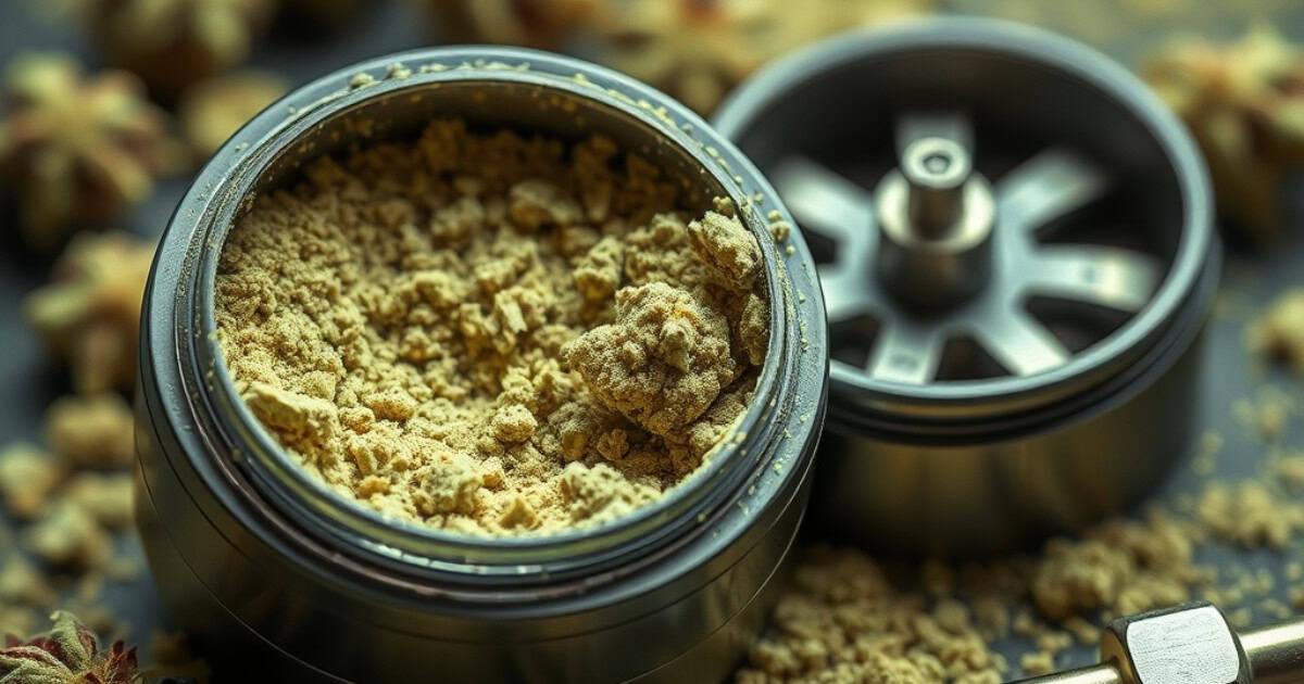 A metal grinder filled with finely ground beige powder, with the lid removed and placed nearby. Some powder is scattered around the grinder on a dark surface, and star anise is visible in the blurred background.
