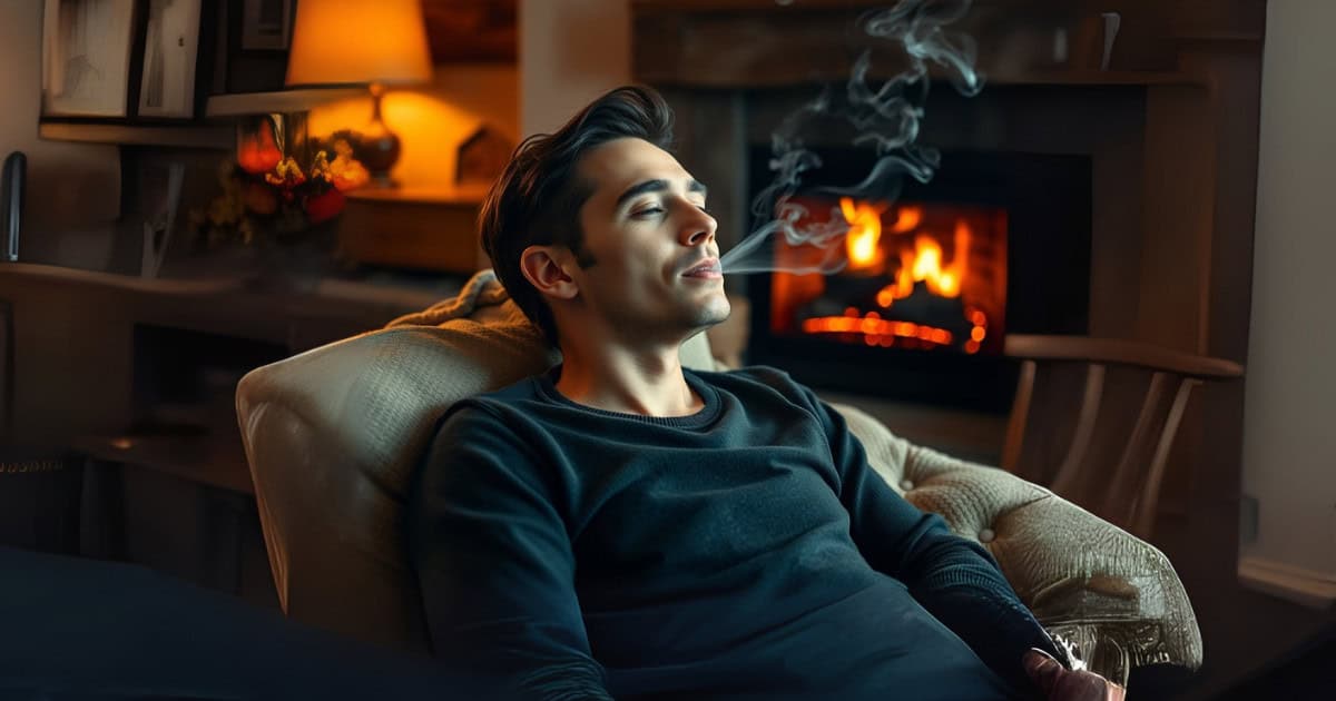 A man relaxes in an armchair, eyes closed, exhaling smoke. Warm fire glows in the fireplace behind him, casting a cozy light across the room. The scene appears calm and serene, with soft lighting and homey decor visible in the background.
