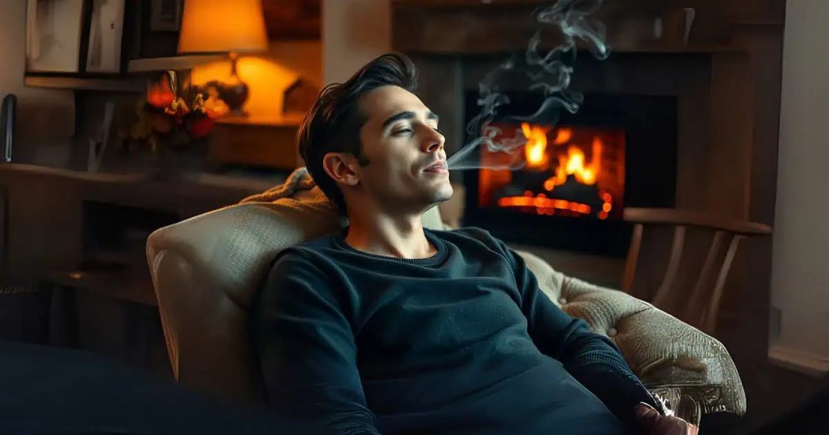A man relaxes in an armchair, eyes closed, exhaling smoke. Warm fire glows in the fireplace behind him, casting a cozy light across the room. The scene appears calm and serene, with soft lighting and homey decor visible in the background.