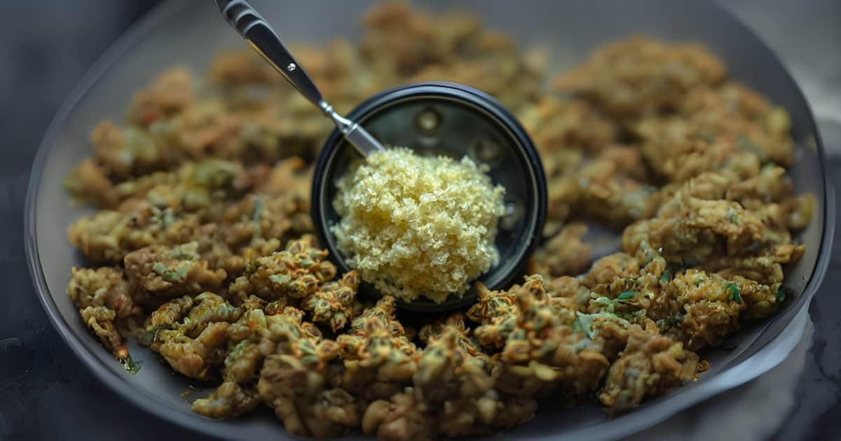 A close-up of a plate filled with fried food pieces, possibly oysters or clams, with herbs sprinkled on top. In the center, a small metal strainer holds a portion of grated or minced fresh garlic, being held above the plate.