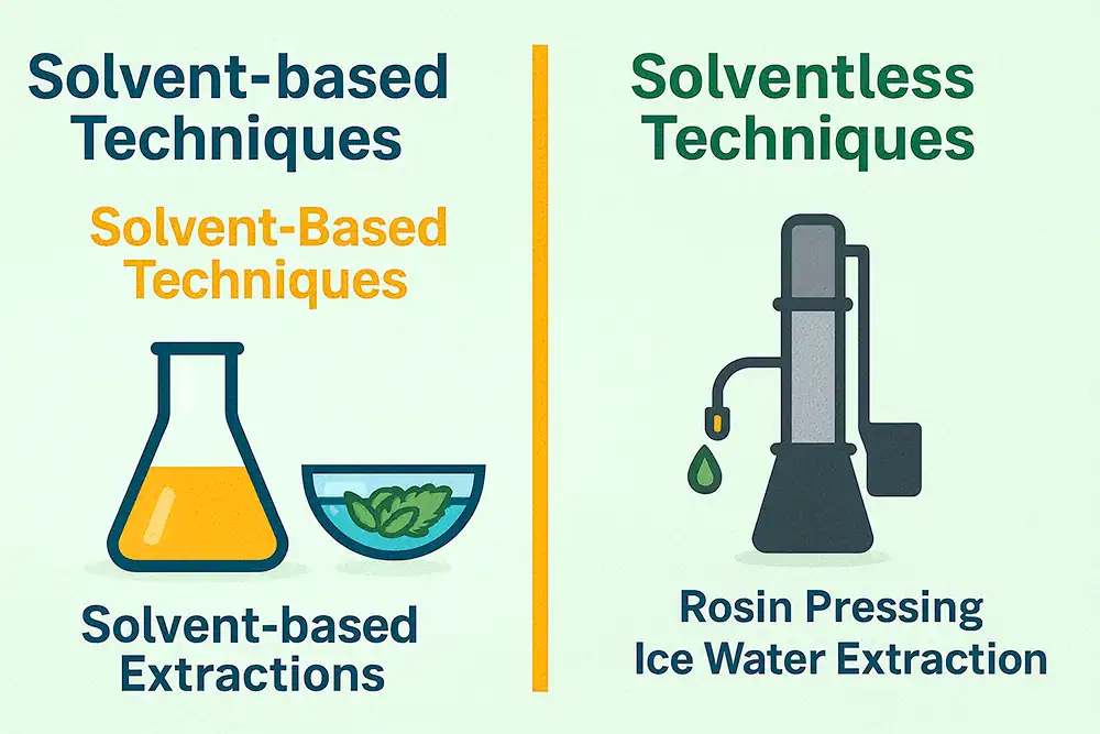 Educational graphic comparing hemp and cannabis extraction methods. On the left, under “Solvent-based Techniques,” an illustration shows a flask with yellow liquid and a bowl of green plant material, labeled “Solvent-based Extractions.” On the right, under “Solventless Techniques,” an illustration depicts a press releasing a green drop, labeled “Rosin Pressing” and “Ice Water Extraction.”
