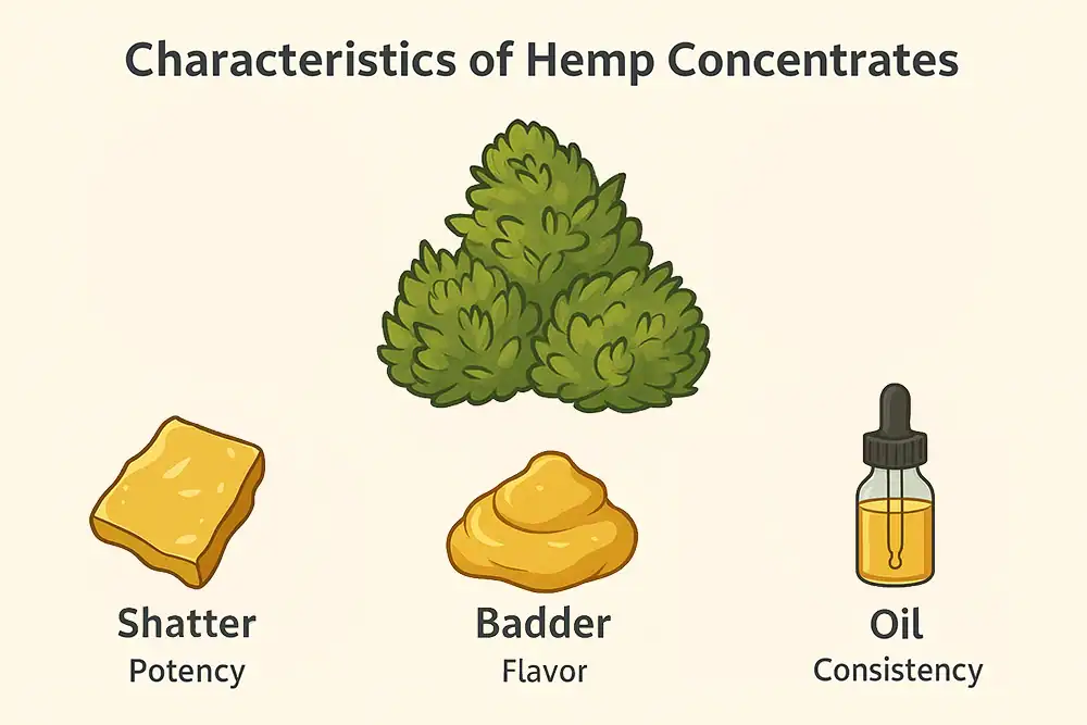 Educational graphic titled “Characteristics of Hemp Concentrates.” At the top is a green hemp bud. Below are three illustrated forms of concentrates: on the left, “Shatter” represented as a golden brittle slab with the note “Potency”; in the middle, “Badder” shown as a soft golden mound with the note “Flavor”; and on the right, “Oil” displayed in a dropper bottle with the note “Consistency.”