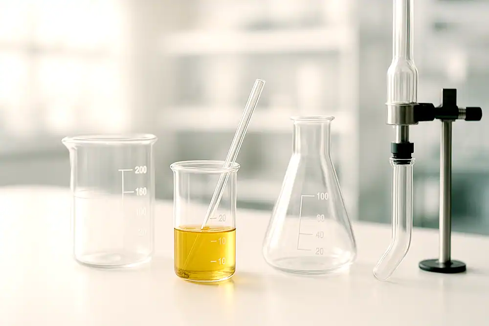 Laboratory glassware setup with three beakers and a connected glass tube apparatus. The center beaker contains golden yellow hemp concentrate extract with a glass stir rod inside, while the other beakers are empty. The background is softly blurred, creating a clean and sterile lab environment.