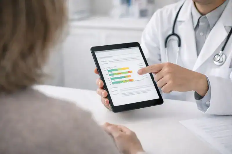 A doctor shows a patient a tablet displaying a colorful bar graph or chart, possibly explaining test results or health data—perhaps discussing options like doctors prescribing cannabis during the medical consultation.
