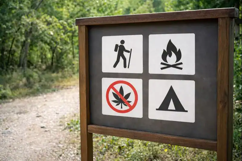 A wooden sign by a forest trail displays icons for hiking, campfires, and camping, along with a symbol indicating no cannabis on federal land, set against a backdrop of trees and a dirt path.