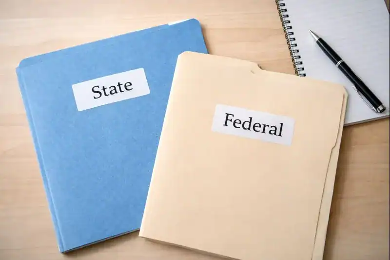 Two folders labeled "State" and "Federal" sit on a wooden desk next to a spiral notebook and a black pen, symbolizing the complexity of state vs federal cannabis laws. The "State" folder is blue, while the "Federal" one is manila-colored.