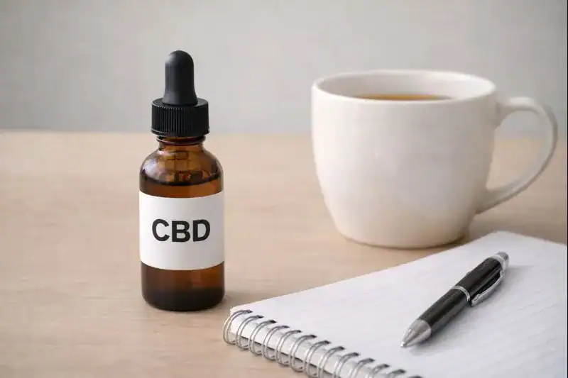 A dropper bottle labeled "full spectrum CBD" sits on a wooden surface next to a white cup, a spiral notebook, and a pen.