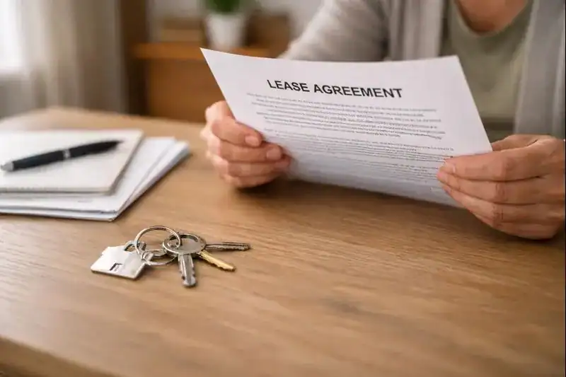 A person sits at a wooden table, holding a lease agreement. Keys with a keychain and a pen rest nearby, next to papers possibly addressing cannabis policies or HUD regulations—suggesting the review or signing of a rental contract.