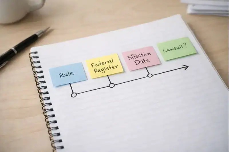 A notebook displays a timeline with sticky notes labeled Rule, Federal Register, Effective Date, Schedule III, and Lawsuit?, each placed on points along a drawn arrow. A pen and a cup are in the background.