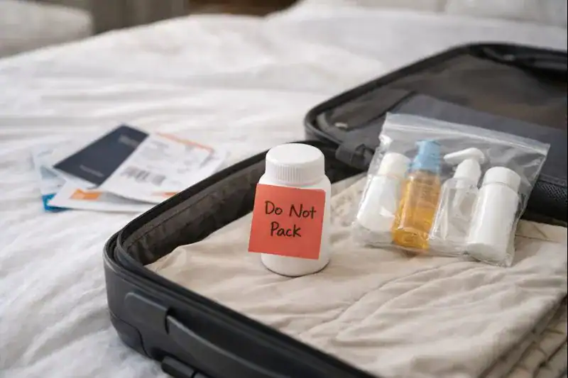 An open suitcase on a bed contains a “Do Not Pack” labeled pill bottle, travel-sized toiletries in a plastic bag, and travel documents like passports and boarding passes in the background.