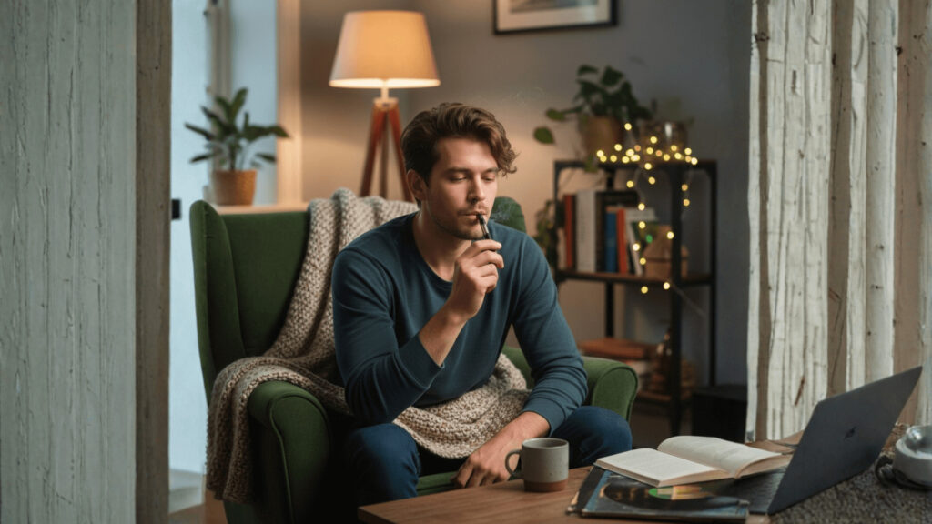 A man sits in an armchair with a blanket, holding a vape pen and looking thoughtful. A coffee mug, open book, and laptop are on the table in front of him. The cozy room’s warm lighting highlights his curiosity about vape heating element performance.