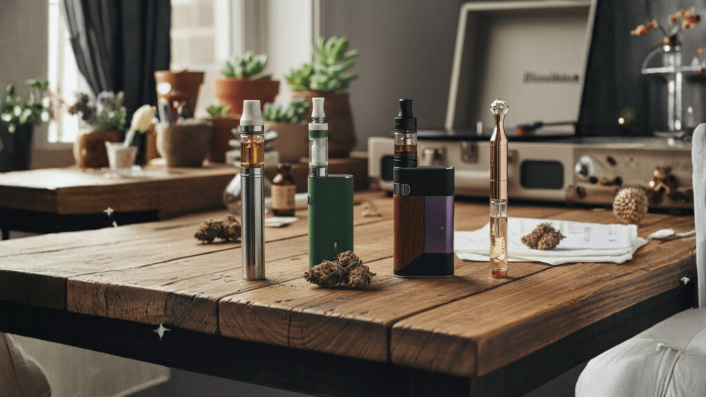 Four vape pens and cartridges rest on a rustic wooden table with cannabis buds, in a cozy room filled with potted plants and sunlight. The setting highlights both style and vape heating element performance, with a record player completing the scene.