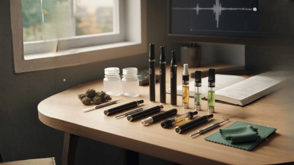 A wooden desk displays vape pens, cartridges, glass jars with cannabis buds, and vaping accessories near a window, with an open notebook and monitor in the background—ideal for those interested in vape heating element performance.