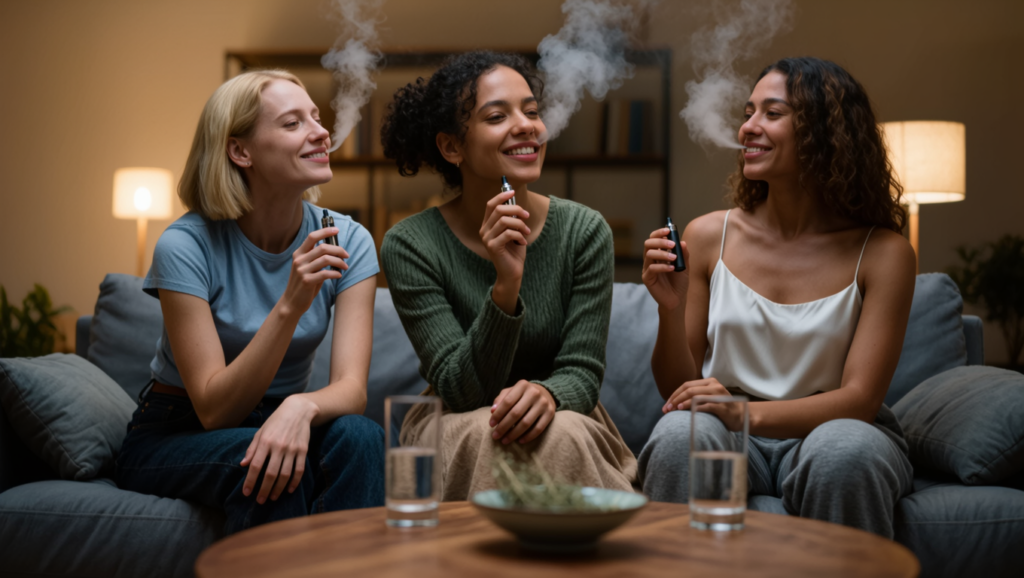 Three women sit on a couch indoors, smiling and holding vape hardware, with visible vapor swirling around them. Glasses of water and a plate rest on the table in front of them. The room is warmly lit.