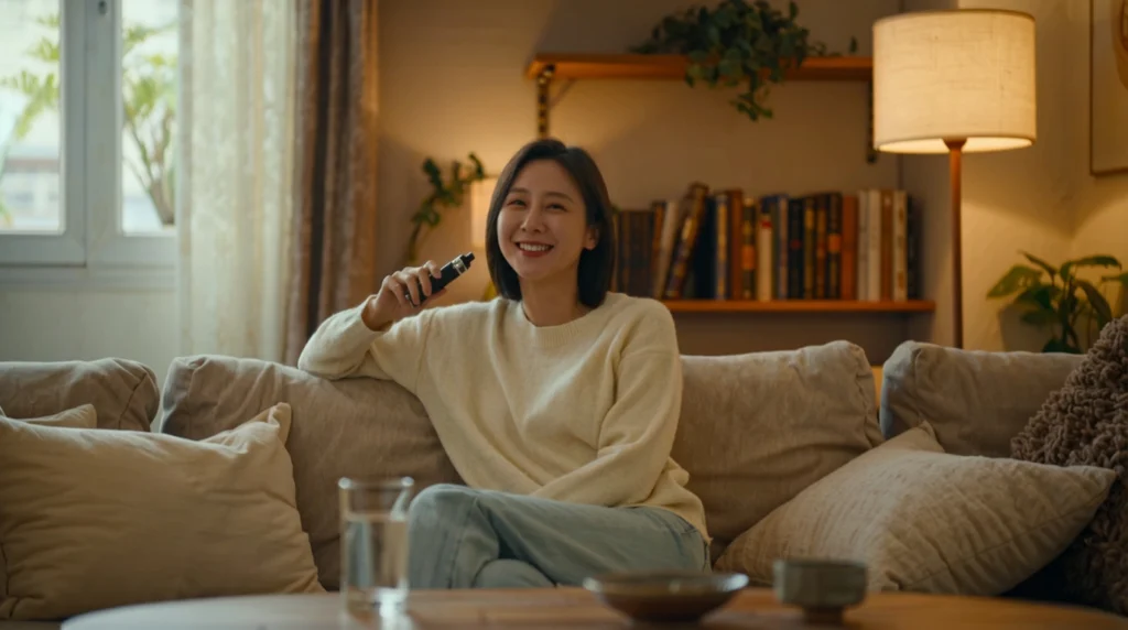 A woman sits comfortably on a beige sofa, smiling and holding a cotton wick cartidge vape hardware piece. In the cozy living room with bookshelves, lamp, and plants, there is a glass of water and bowls on the table in front of her.