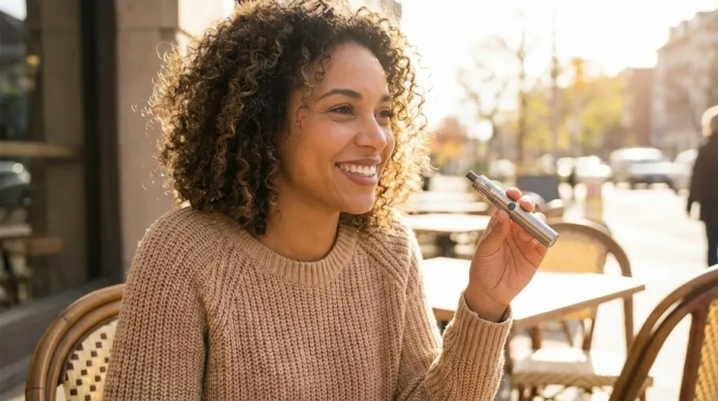 A woman with curly hair, wearing a tan sweater, sits outdoors at a café table, smiling while holding a vape pen featuring an advanced vape heating element. The background shows empty tables and trees in soft sunlight.