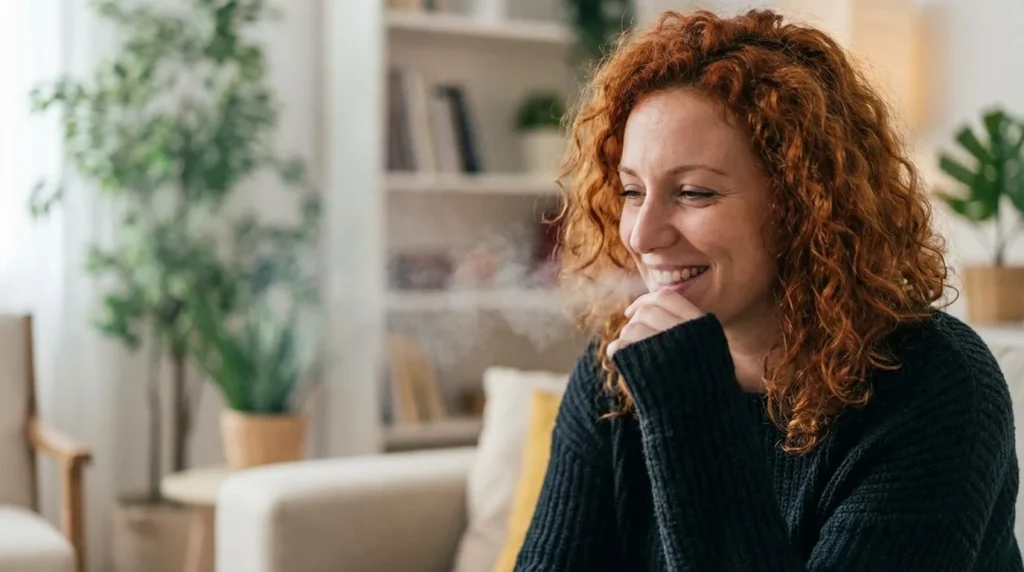 A woman with curly red hair, wearing a dark sweater, sits indoors smiling with her hand near her mouth. On the shelf behind her, a sleek vape heating element adds a modern touch to the cozy living room filled with plants.