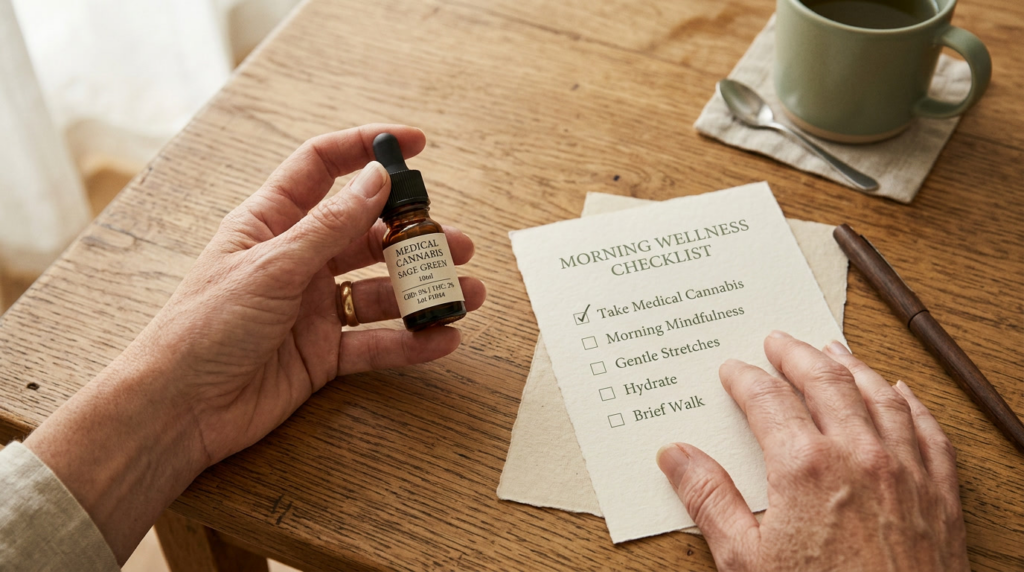 A person holds a small bottle labeled “Medical Cannabis Oil” in one hand and a “Morning Wellness Checklist” in the other, with items like mindfulness, stretches, hydration, and a walk listed on a wooden table.