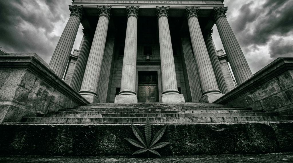 A black-and-white photo of a grand courthouse with tall columns and wide stone steps. A marijuana leaf is etched or placed prominently on the bottom step in the foreground.