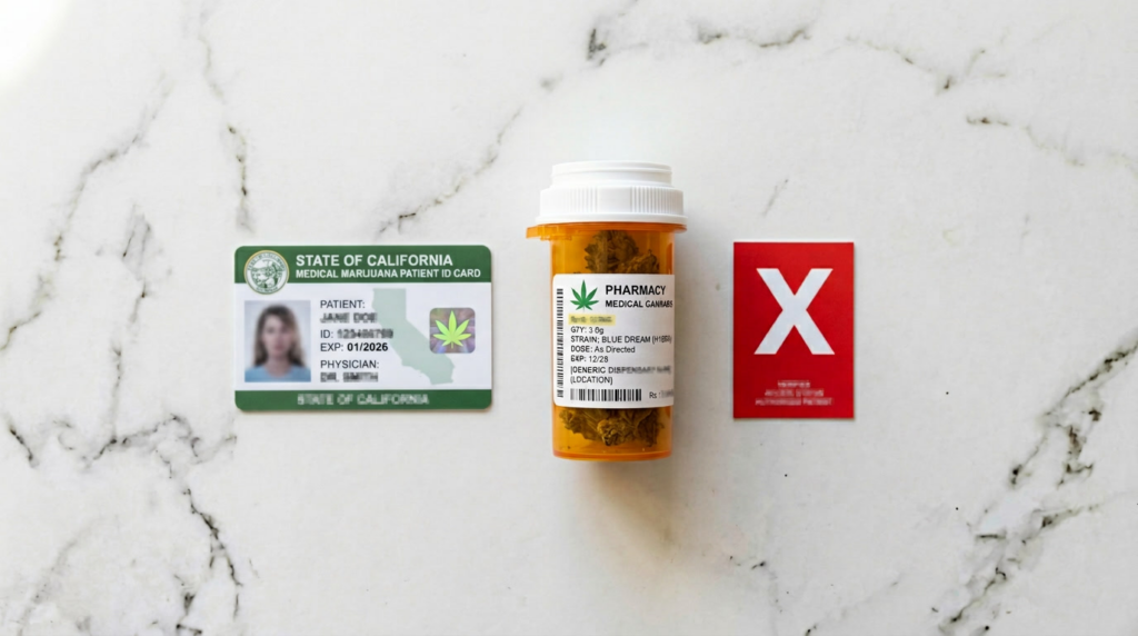 A California medical marijuana ID card, an orange pill bottle with a marijuana label, and a red card with a white X are displayed on a white marble surface.