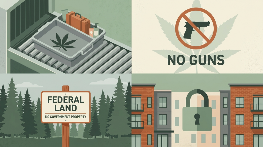 Illustration divided into four sections: a cannabis tray at airport security, a “No Guns” symbol with a cannabis leaf, a “Federal Land” sign among trees, and apartments with a large padlock symbol.
