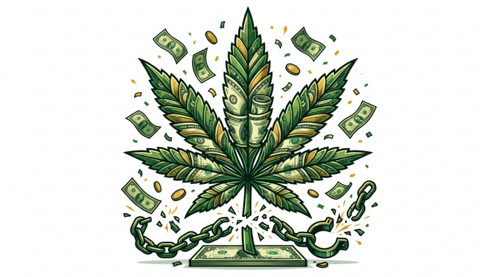 An illustrated cannabis leaf made of rolled dollar bills stands on a dollar bill base, surrounded by falling money and coins. Broken chains are attached to the base, symbolizing financial freedom.