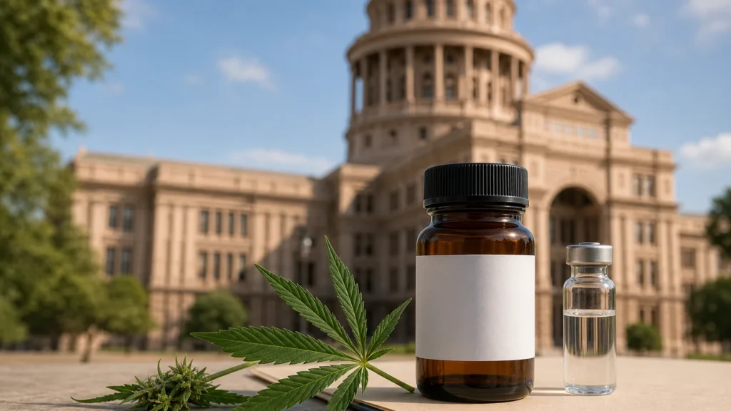 Cannabis leaf and unbranded cannabinoid containers in front of the Texas State Capitol
